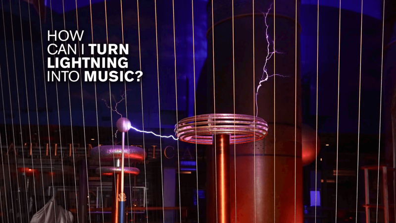 A lighting blot from the Van de Graaff with the text "How can I turn lighting into music?"