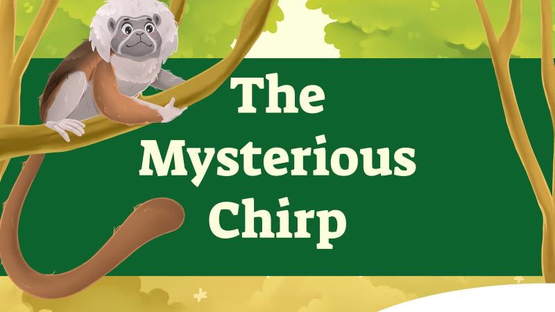 An illustration of a tamarin in a tree branch with the text "The Mysterious Chirp"
