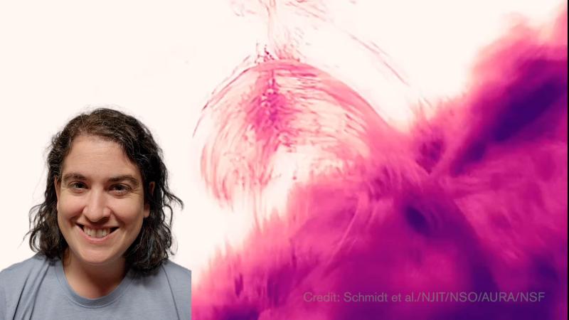 Talia in front of an image of the sun.