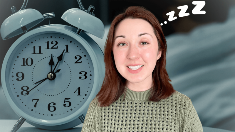 Alex Dainis in front of an alarm clock with white text reading "...zzz"