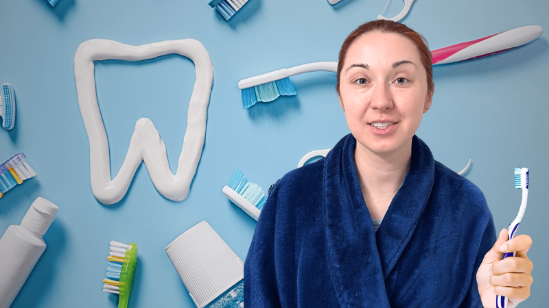 Alex Dainis in front of a background with tooth brushes, floss, and toothpaste.
