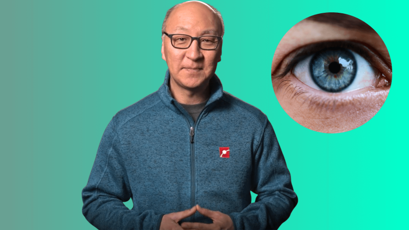 Insoo in front of a teal background next to a close up on a blue eye