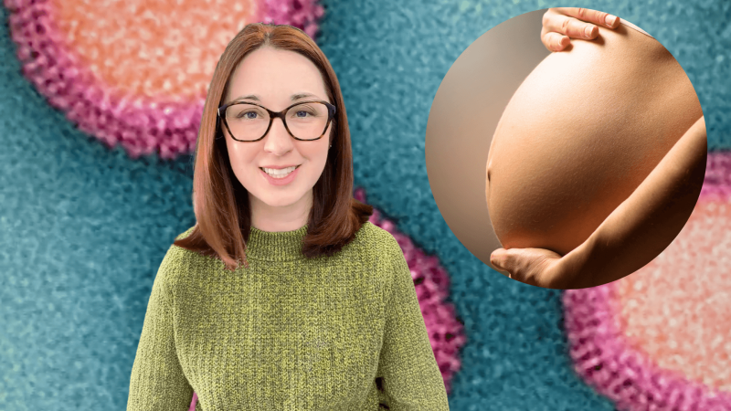 Alex Dainis in front of a blue and pink background with a call out image with a pregnant stomach.
