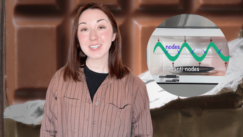 Alex Dainis in front of a microwave melting chocolate.