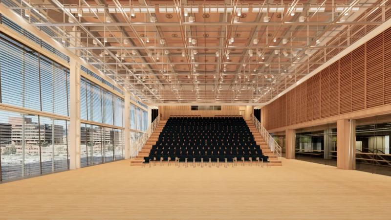 A rendering of the Public Science Common with the accordion seats extended.