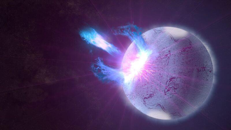 An artist’s image of an eruption arising from a crack in a magnetar’s crust, creating a Fast Radio Burst. Credit: NASA Goddard Visualization Studio