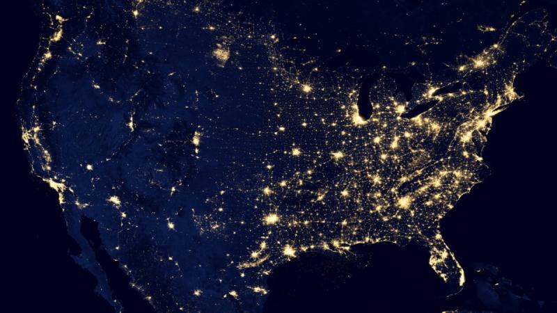 A nighttime map of the United States, showing where light pollution is most concentrated. Credit: NASA Earth Observatory