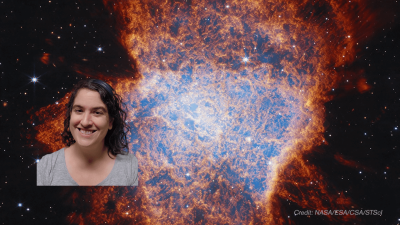 Talia in front of an image of a star death