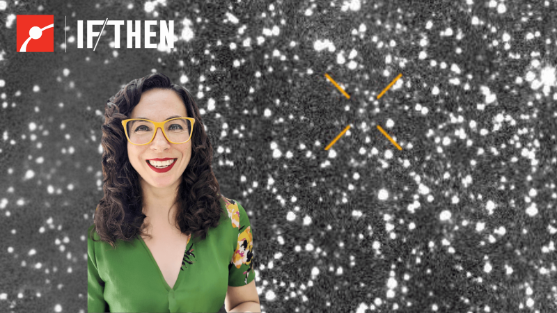 Erika Hamden in front of an image of an interstellar comet
