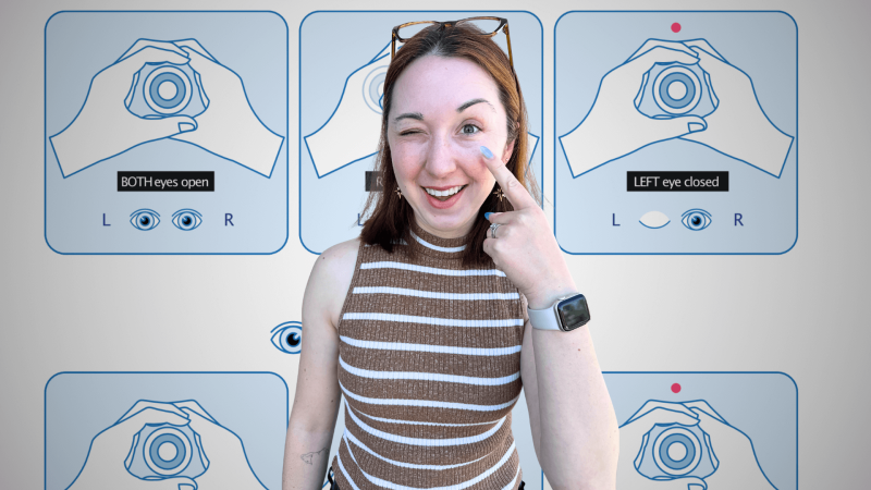 Alex Dainis in front of a diagram showing how to find a dominant eye