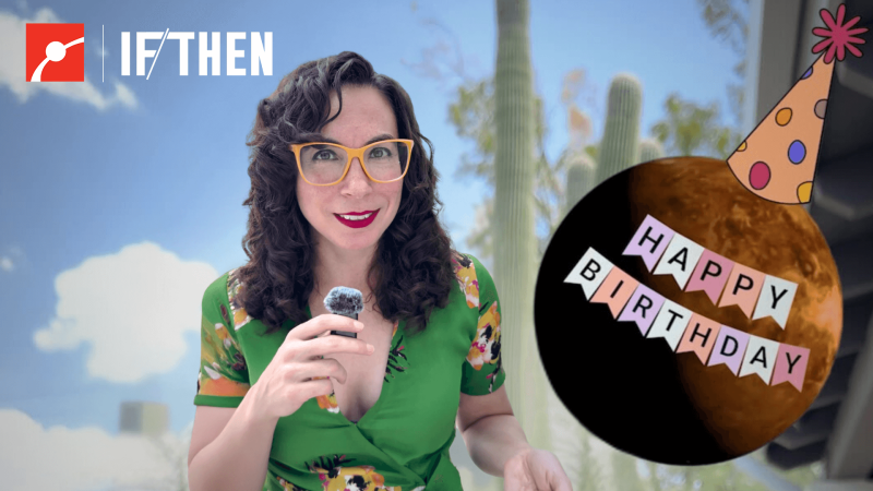 Erika Hamden with a photo of Venus in a birthday hat.