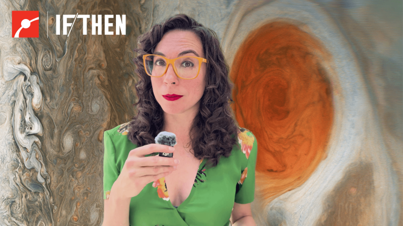 Erika Hamden in front of an image of Jupiter's Big Red Spot