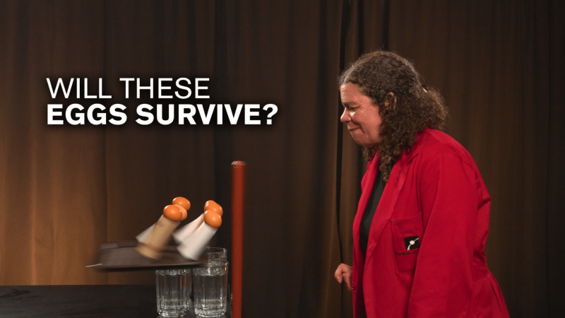 Educator Jeannine next to a science experiment testing inertia with white text reading Will these eggs survive?