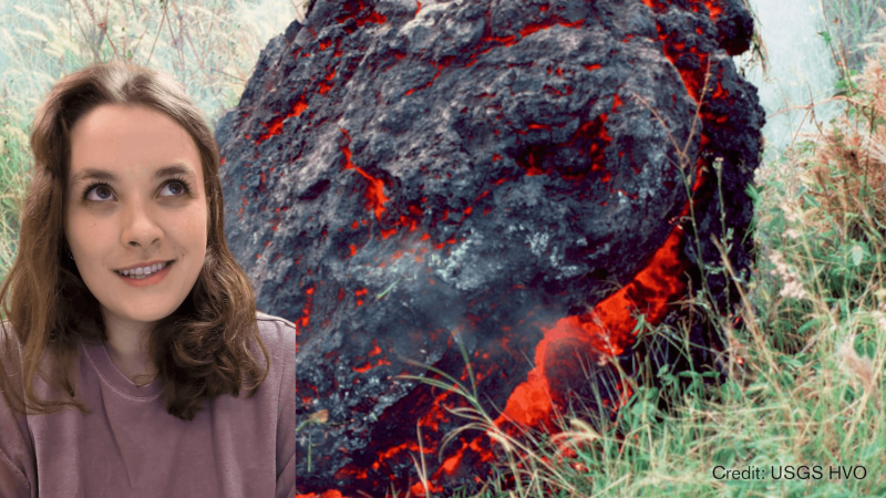 Educator Ava in front of a lava ball.