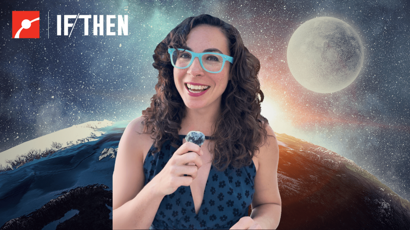 Erika Hamden in front of the Earth with the Moon