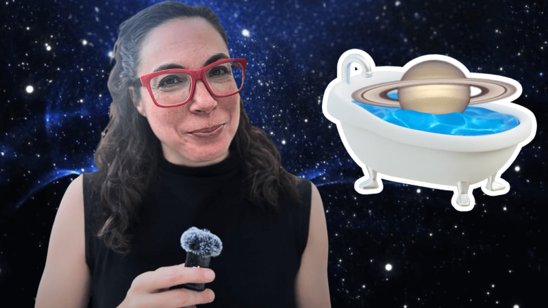 Erika Hamden in front of an image of Saturn in a bathtub