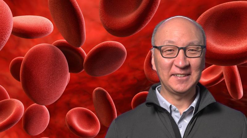 Insoo Hyun in front of a model of blood cells