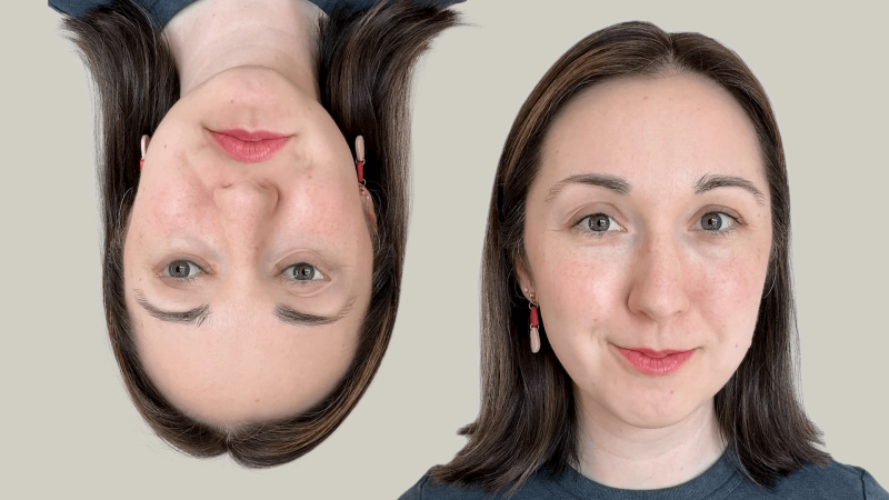 Alex Dainis next to an upside down version of her face with all her features flipped.