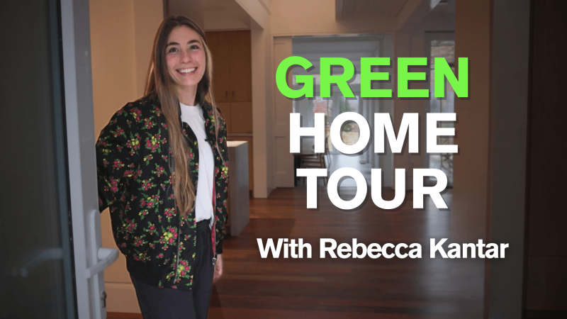Rebecca Kantar opens the door to her home with text reading "Green Home Tour with Rebecca Kantar"