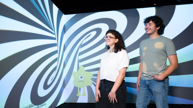 Two people stand in front of a screen.
