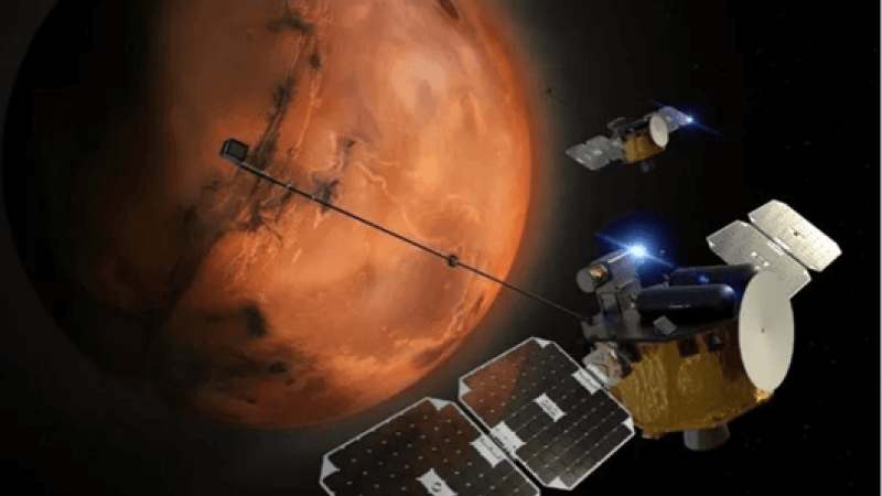 Artist’s illustration of the twin ESCAPADE spacecraft in orbit around Mars. Credit: Rocket Lab USA/UC Berkeley