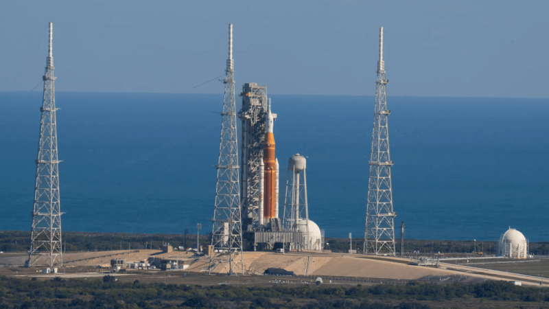 The rocket for Artemis 2 is on the launch pad. Credit: NASA/Jim Ross
