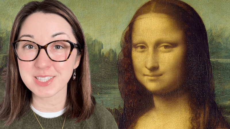 Alex Dainis next to da Vinci's Mona Lisa portrait.