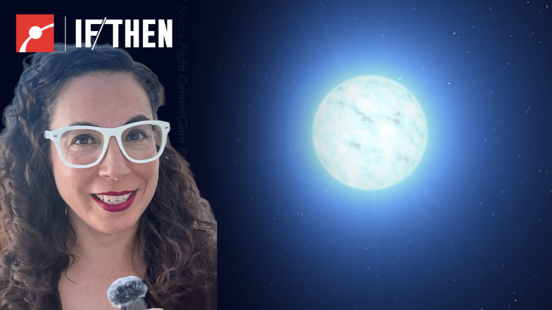 Erika Hamden in front of an artist illustration of a neutron star.
