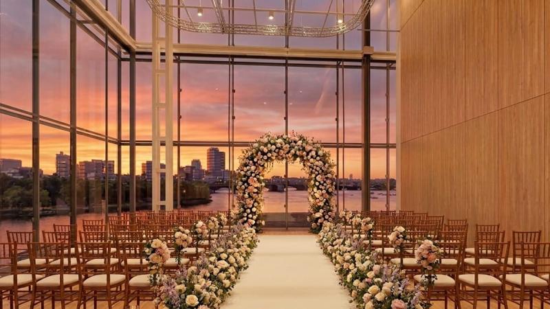 A rendering of the Public Science Common, set up for a wedding ceremony.