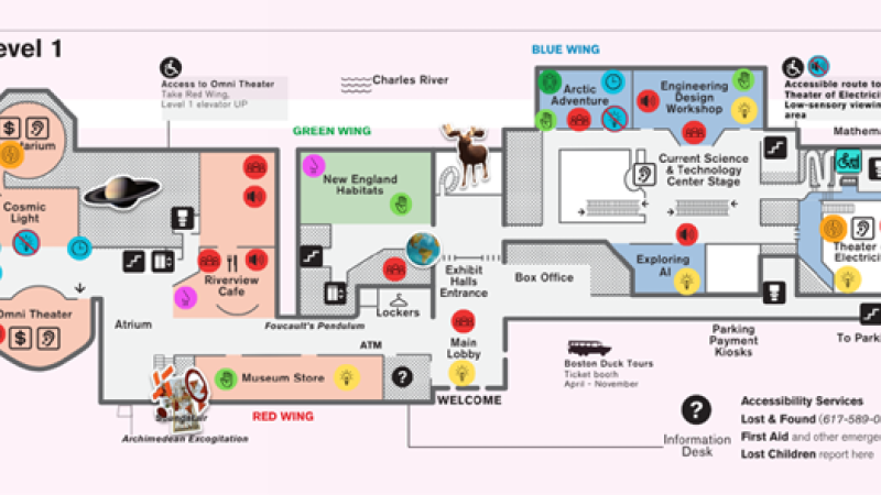 A map of the Museum of Science's Level 1 highlighting locations that include sensory experiences and spaces sensitive to sensory experiences.