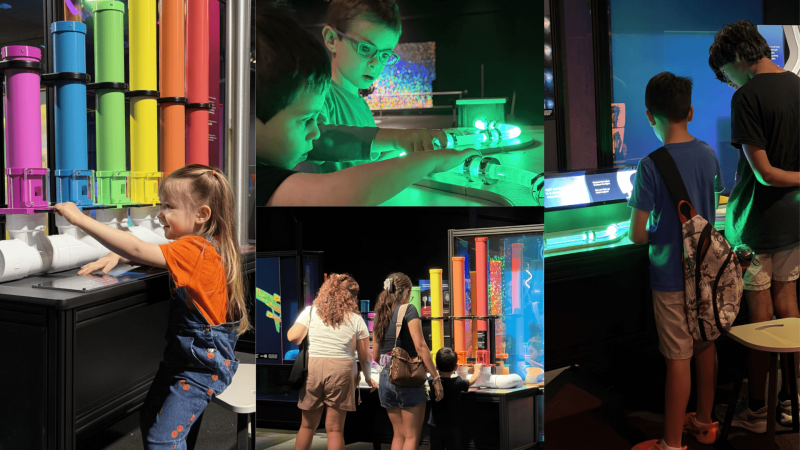 A collage of photos with guests of various ages interacting with the bright and colorful exhibit components in Making Waves.