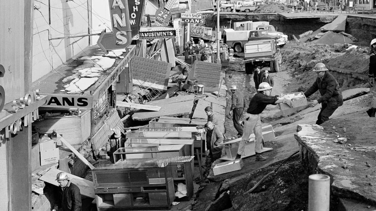 An image from earth quack in Anchorage, Alaska, on March 27, 1964.