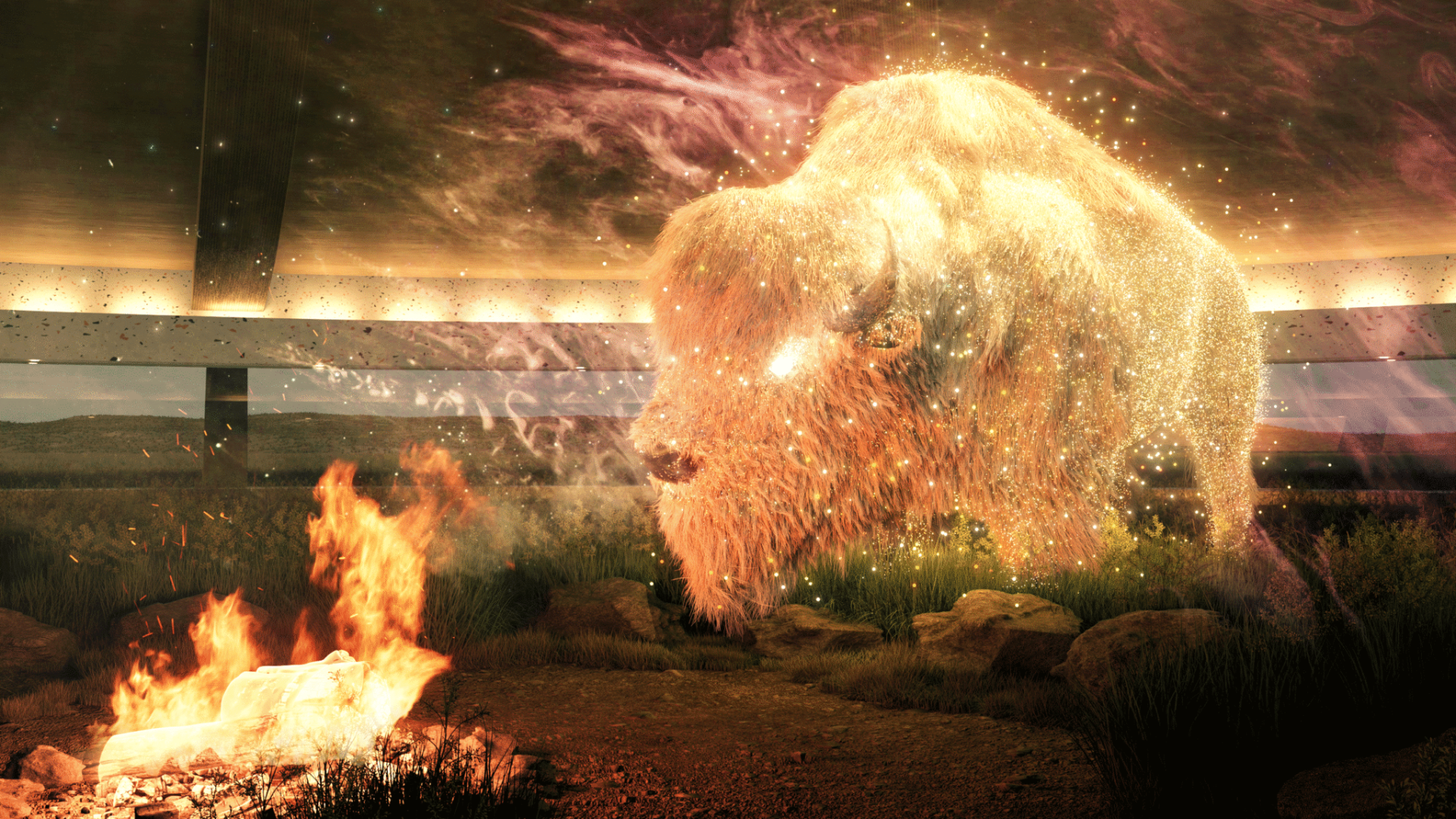 A buffalo stands in front of flames.