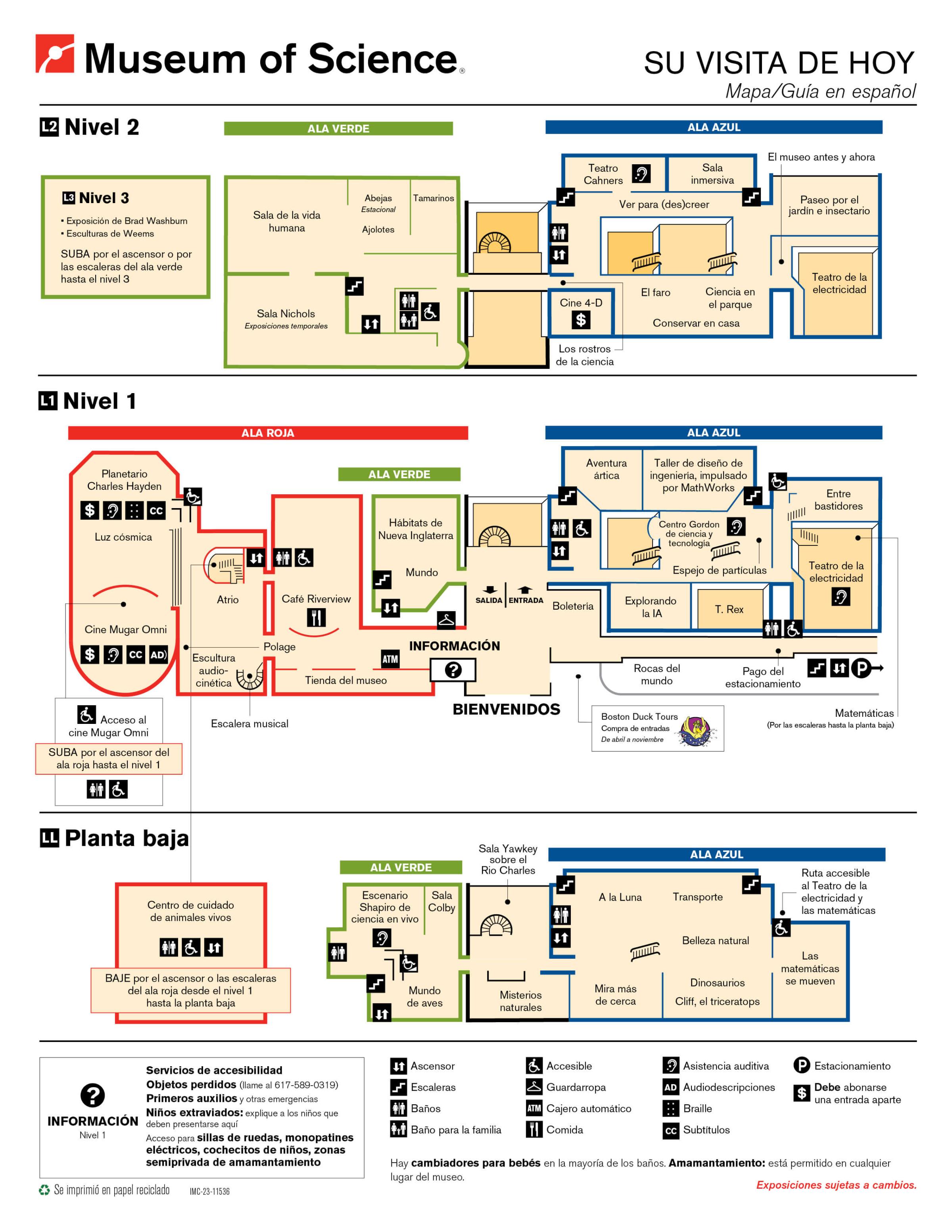 A floor plan of the Museum of Science, Boston, in Spanish.