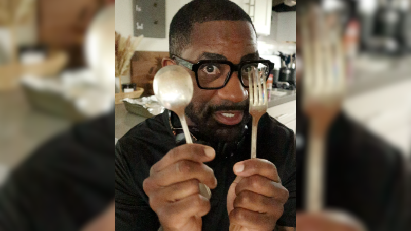 Maynard Okereke with a tarnished fork and spoon