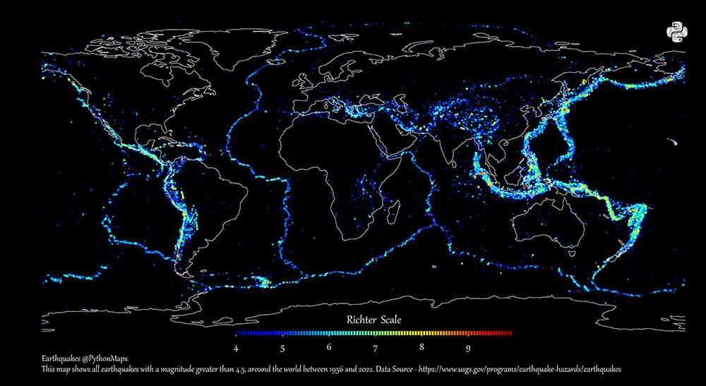 Earthquake locations with a magnitude 4.5 or greater between 1956 and 2022