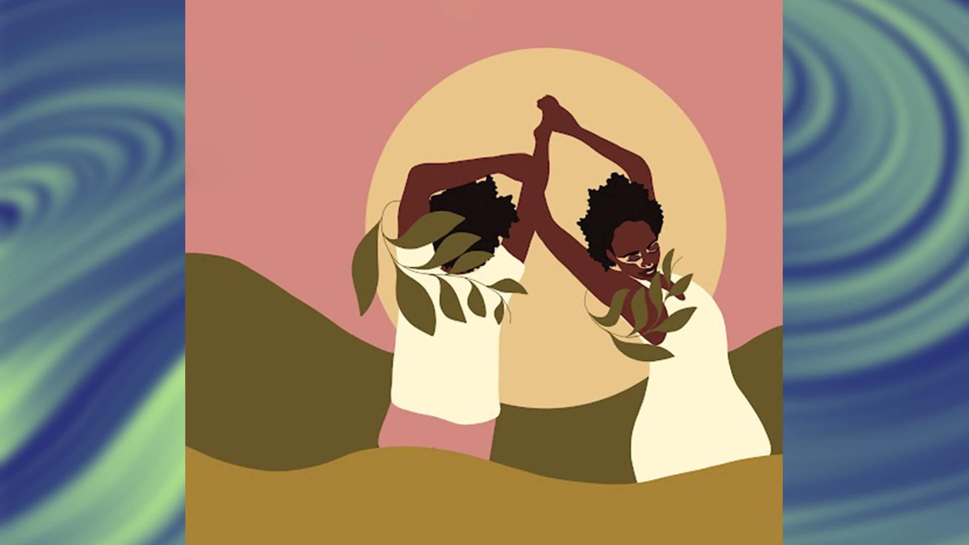 The cover for the podcast A Beautiful Resistance - a graphic of two figures holding hands above their heads in front of a depiction of the sun.