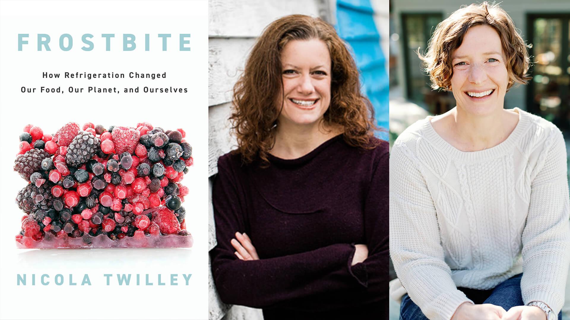 A collage of images including the book cover for Frostbite, the book's author Nicola Twilley and her co-host Cynthia Graber.