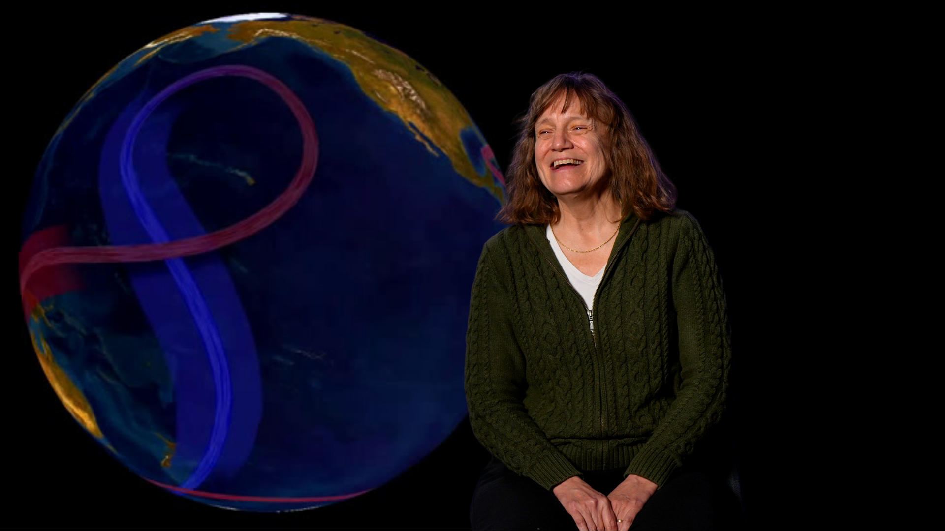 Amy Bower smiling with Earth behind her and imagery of ocean curents.