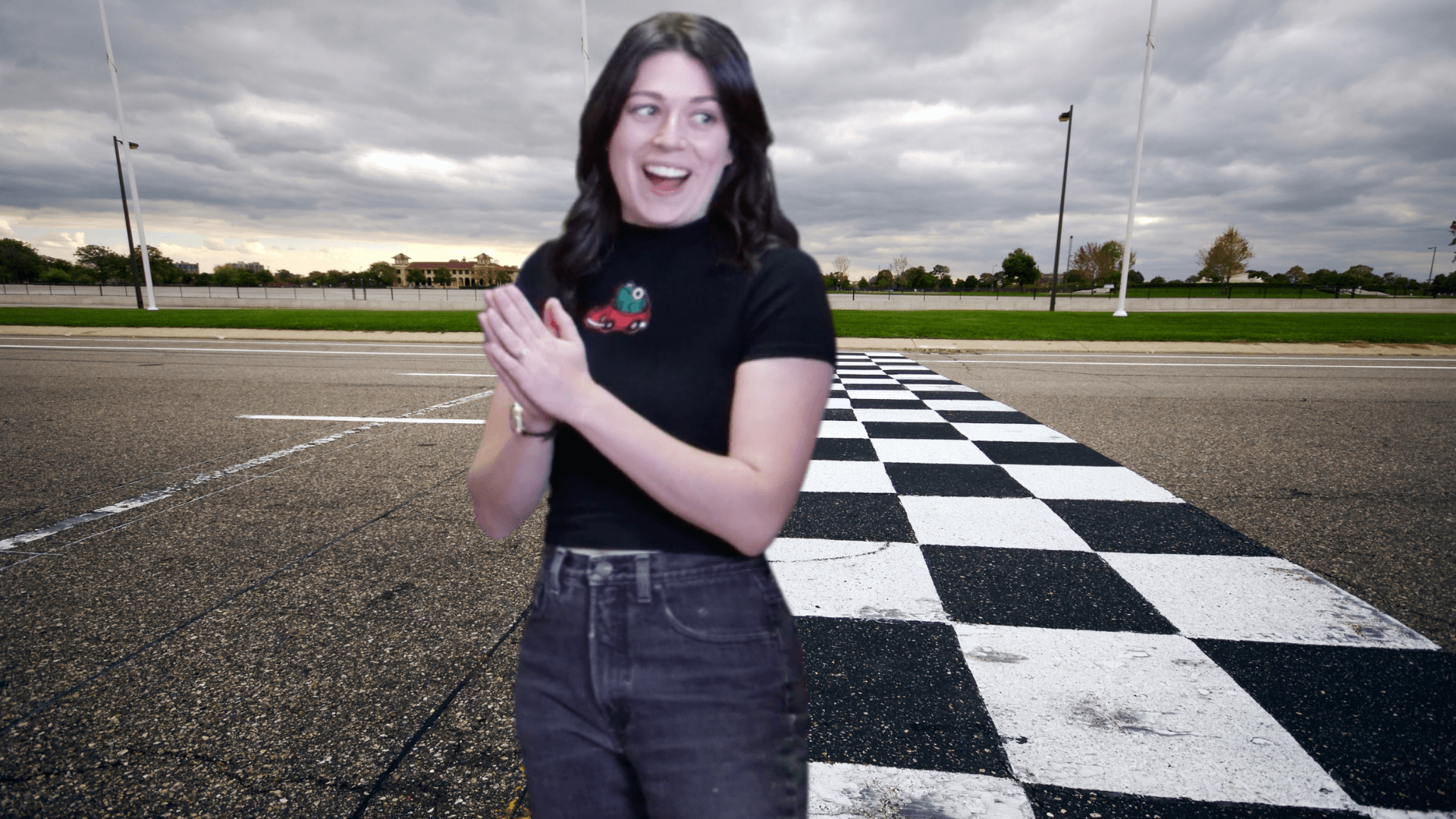 Sophie Shrand in front of a checkered finish line