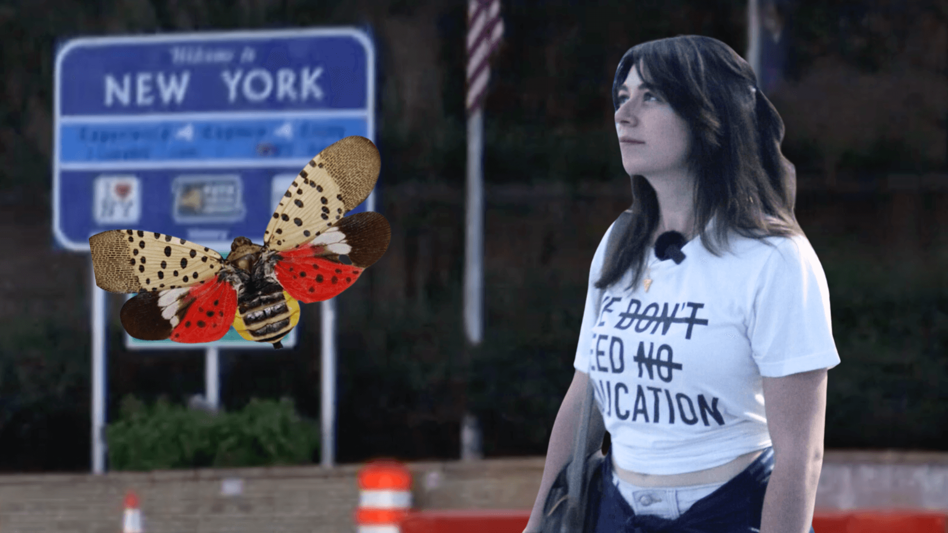 Sophie Shrand in front of a Welcome to New York sign with a spotted lantern fly