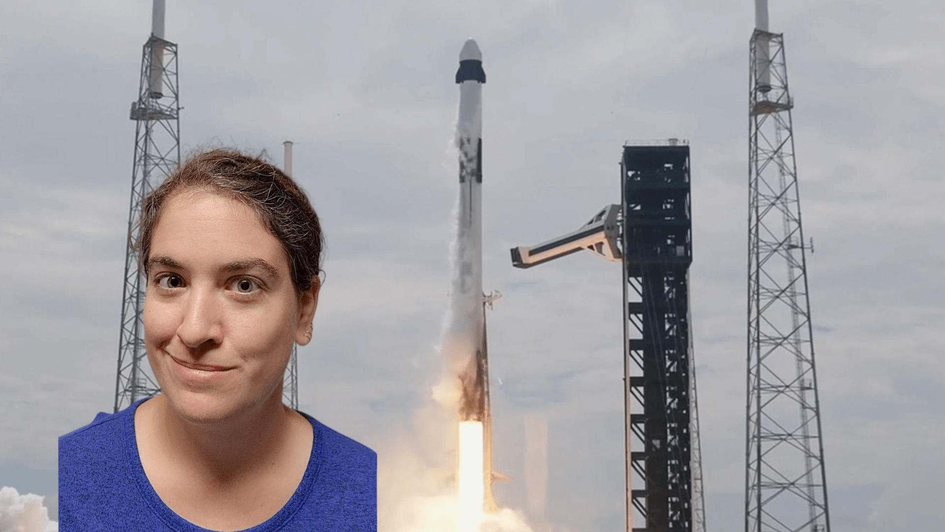 Talia in front of an image of a launching SpaceX Dragon