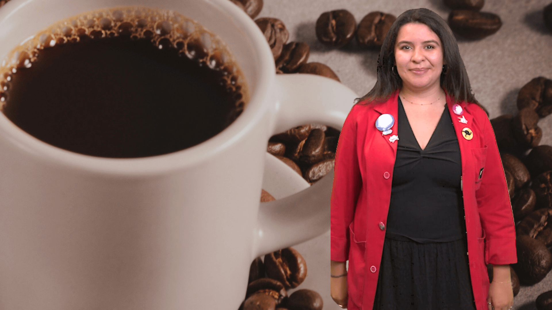 Museum Educator Ana in front of an image of a cup of coffee