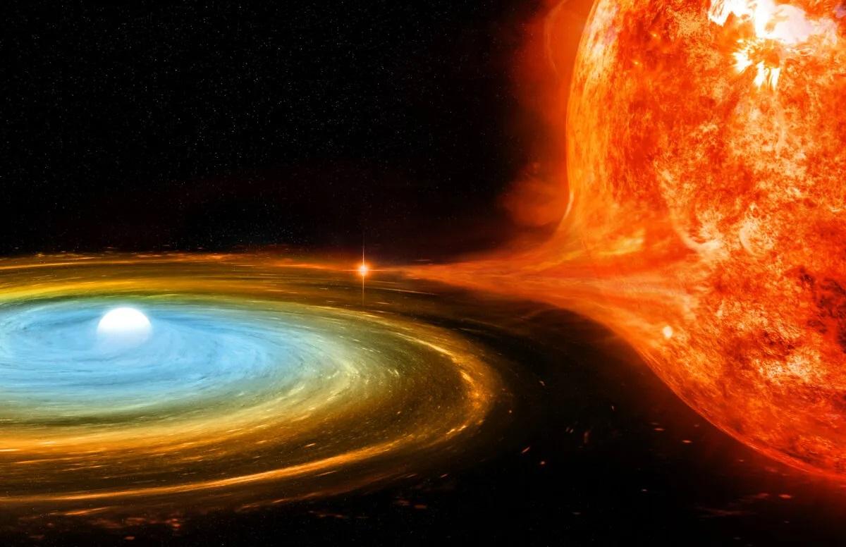 An artist’s impression of a white dwarf stealing material from a red giant companion, the kind of situation that might result in a nova.