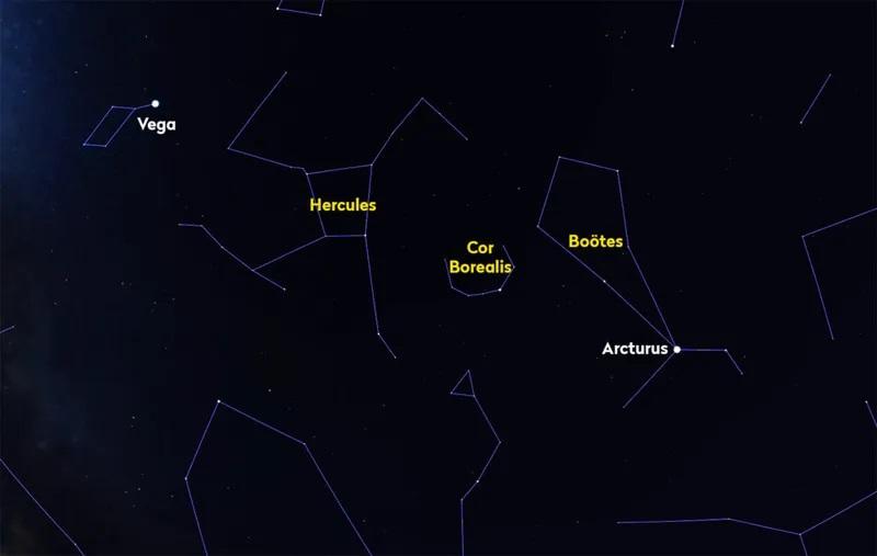 The location of the constellation Corona Borealis in the night sky, between the constellations Boötes and Hercules.