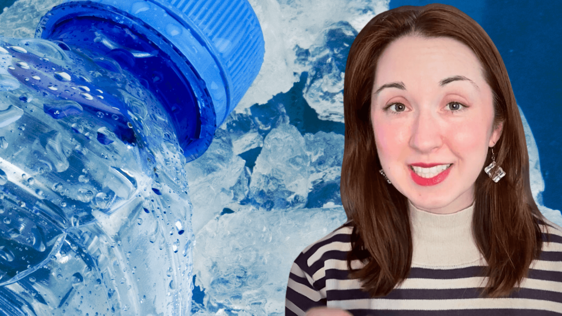 Alex Dainis in front of an image of a water bottle with ice