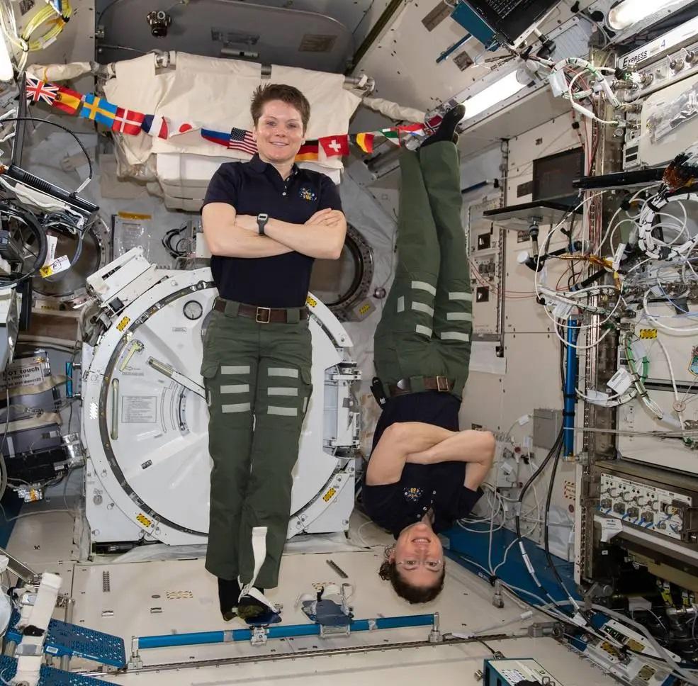 There is no set up or down inside the ISS and astronauts often hold themselves in place by hooking their feet into loops on the walls, as demonstrated here by astronauts Anne McLain and Christian Koch.