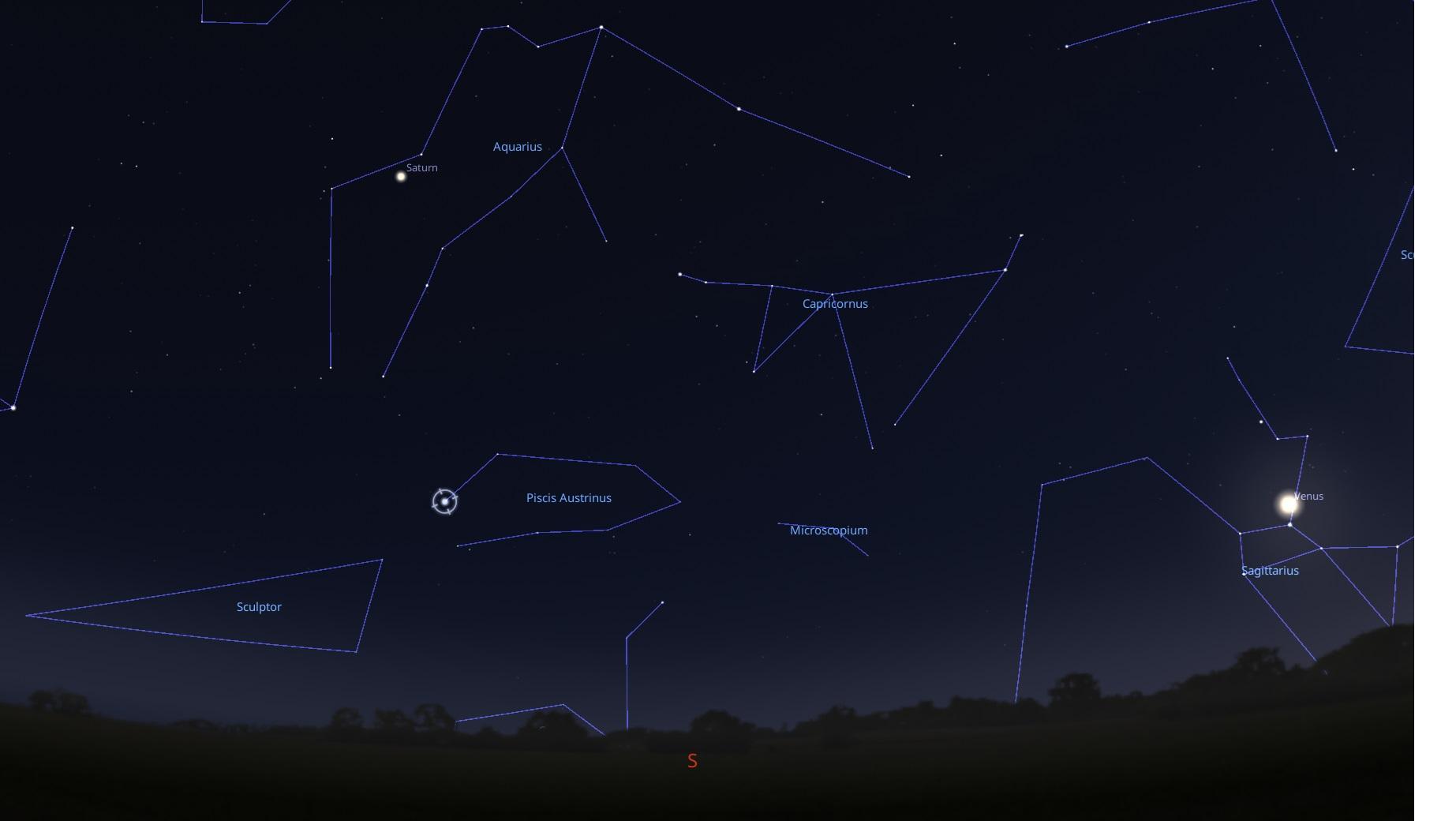 Relative positions of Venus and Saturn in the sky about one hour after sunset. The star with the marker on it is the bright star Fomalhaut. Credit: Stellarium