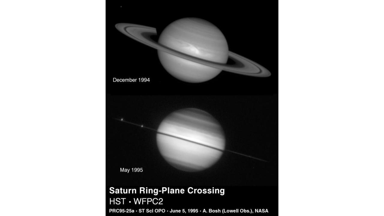Saturn’s rings when they are more tilted towards the Earth during Saturnian summer/winter, and when they are more edge on towards Earth during Saturnian spring/fall. Credit: NASA/A. Bosh