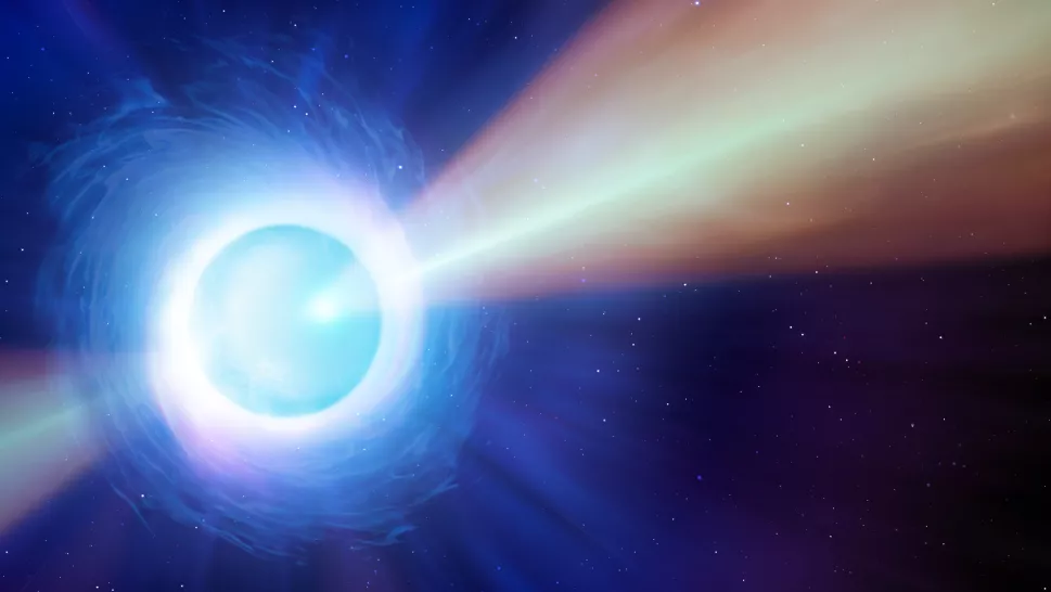 Artist’s illustration of a pulsar, showing the “lighthouse” beam of radiation. Credit: Mark Garlick/Science Photo Library via Getty Images